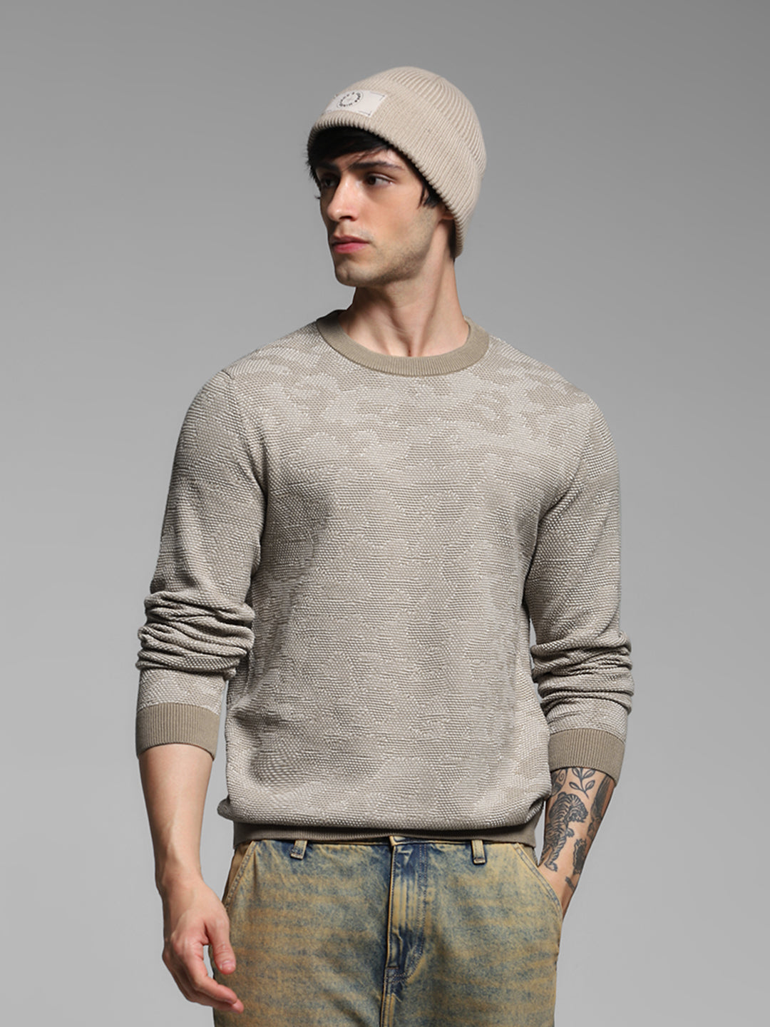 Beige Jacquard Pullover - S