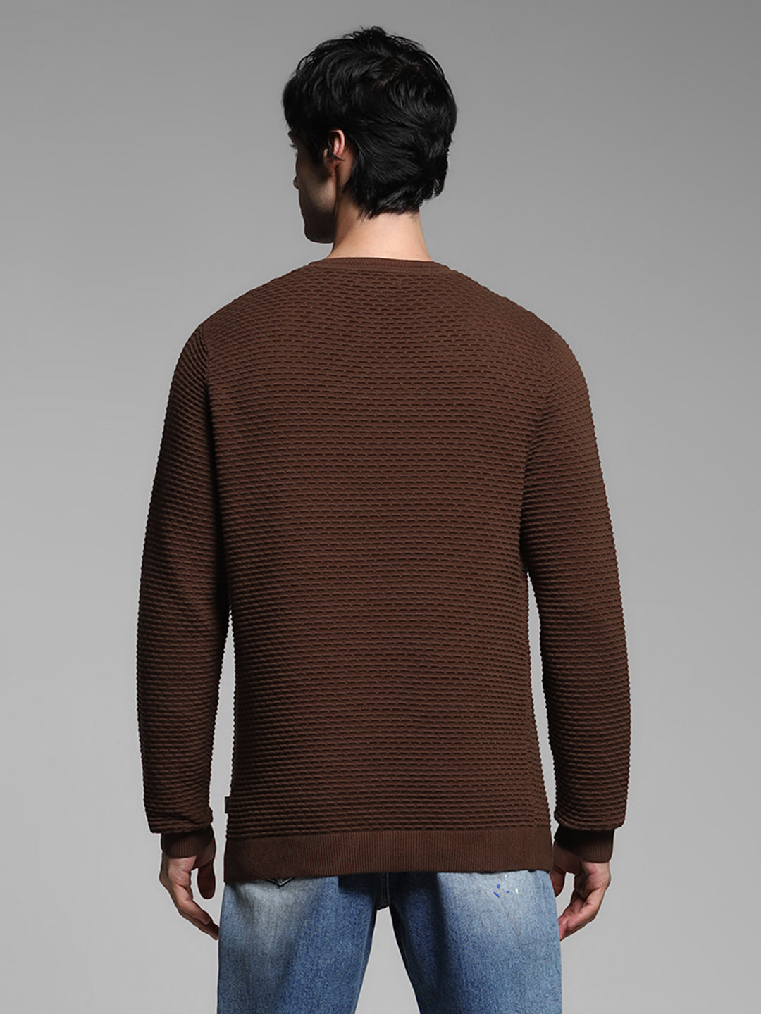 Brown Textured Crew Neck Pullover