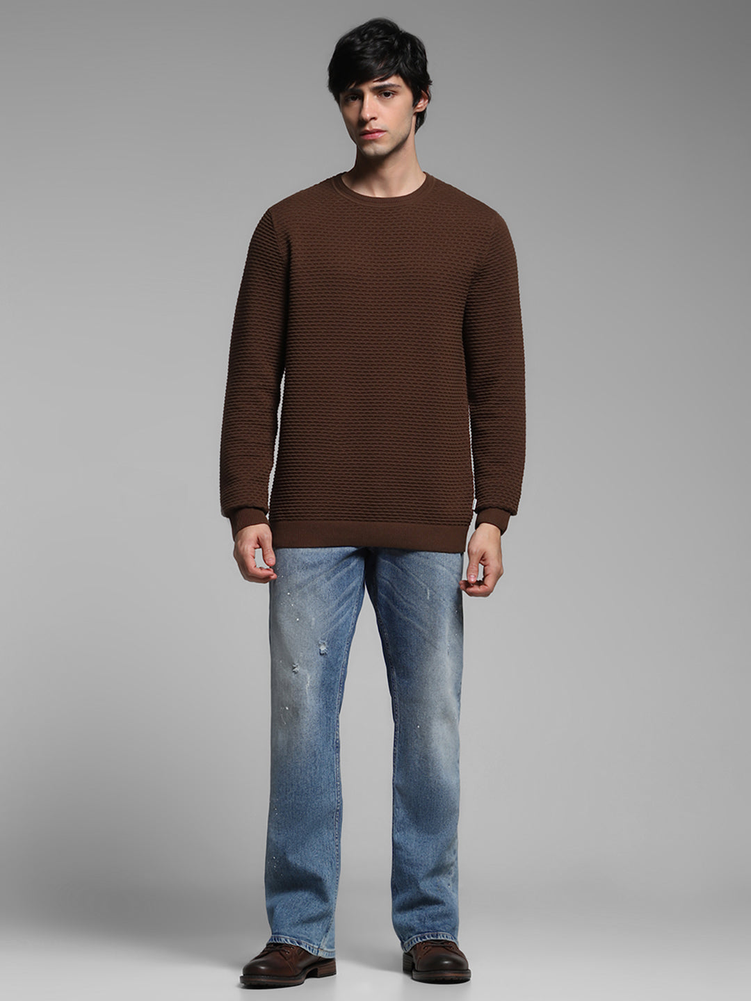 Brown Textured Crew Neck Pullover