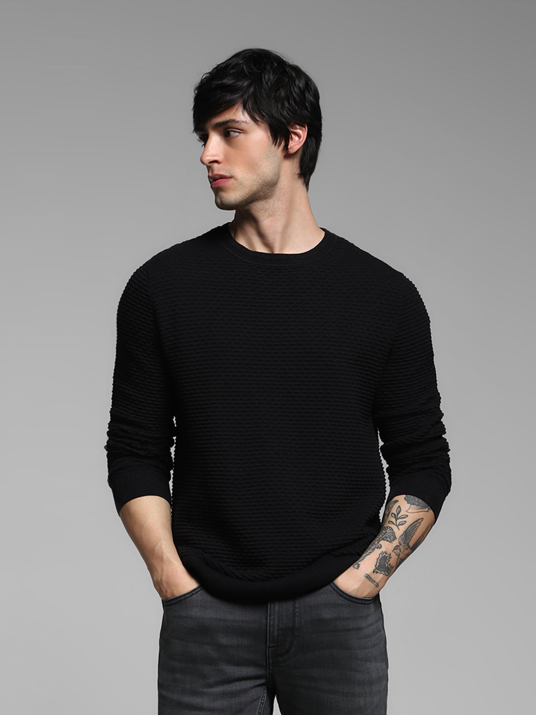 Black Textured Crew Neck Pullover - XXL