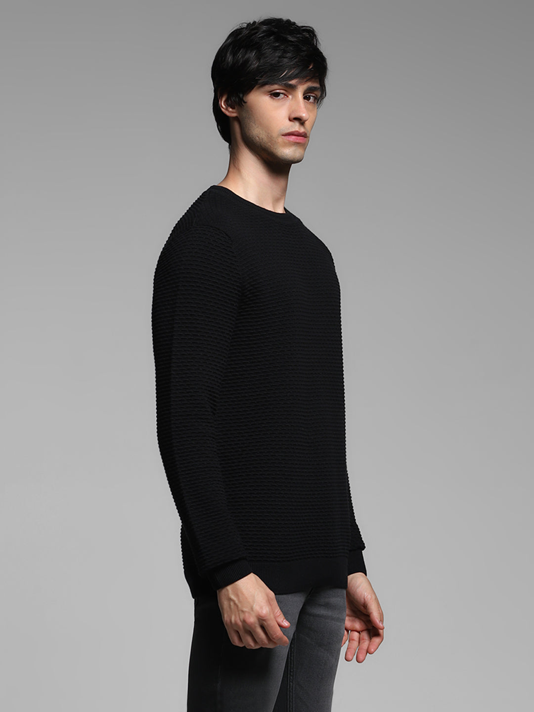 Black Textured Crew Neck Pullover