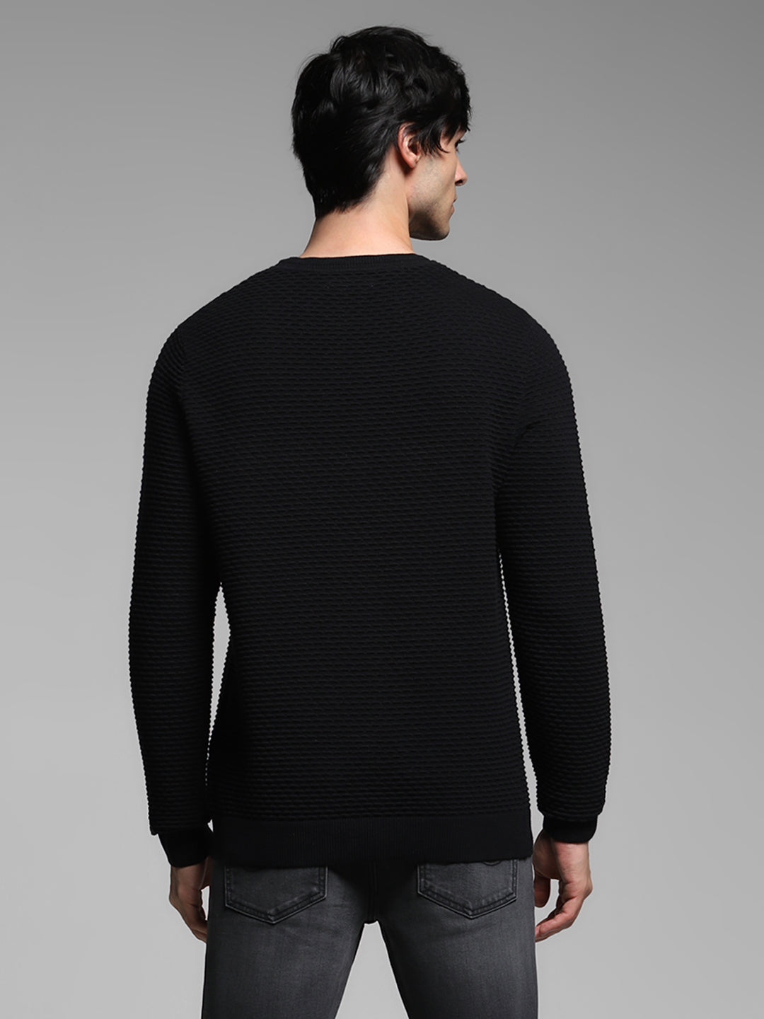 Black Textured Crew Neck Pullover