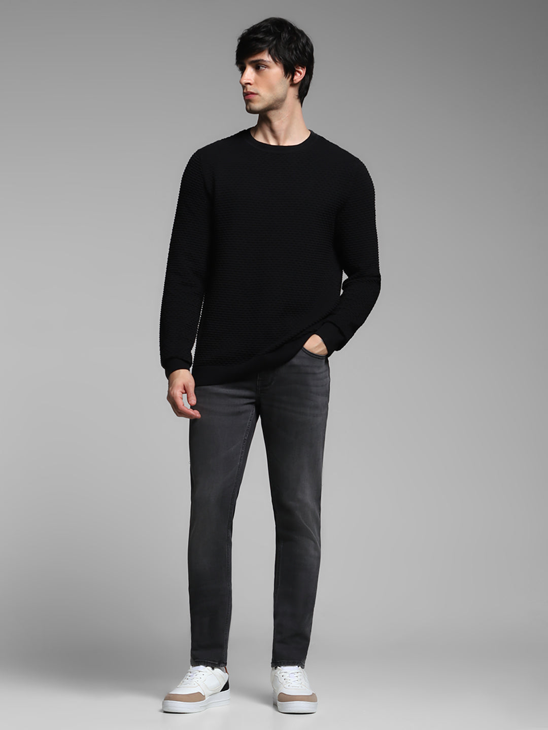 Black Textured Crew Neck Pullover