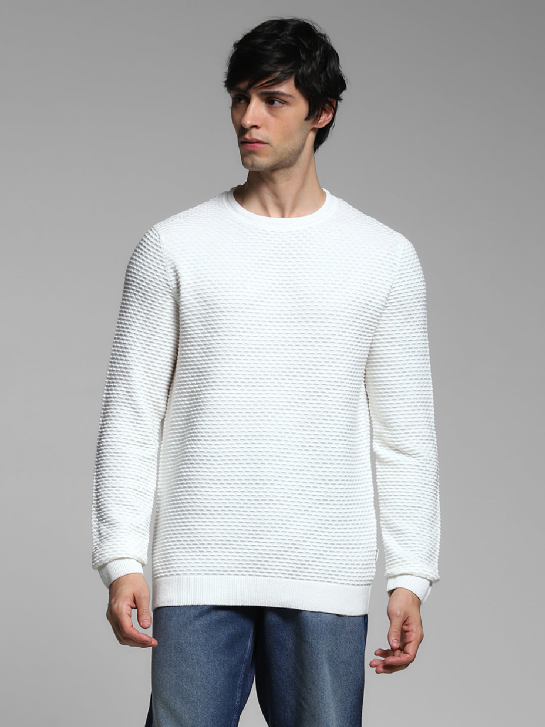 White Textured Crew Neck Pullover