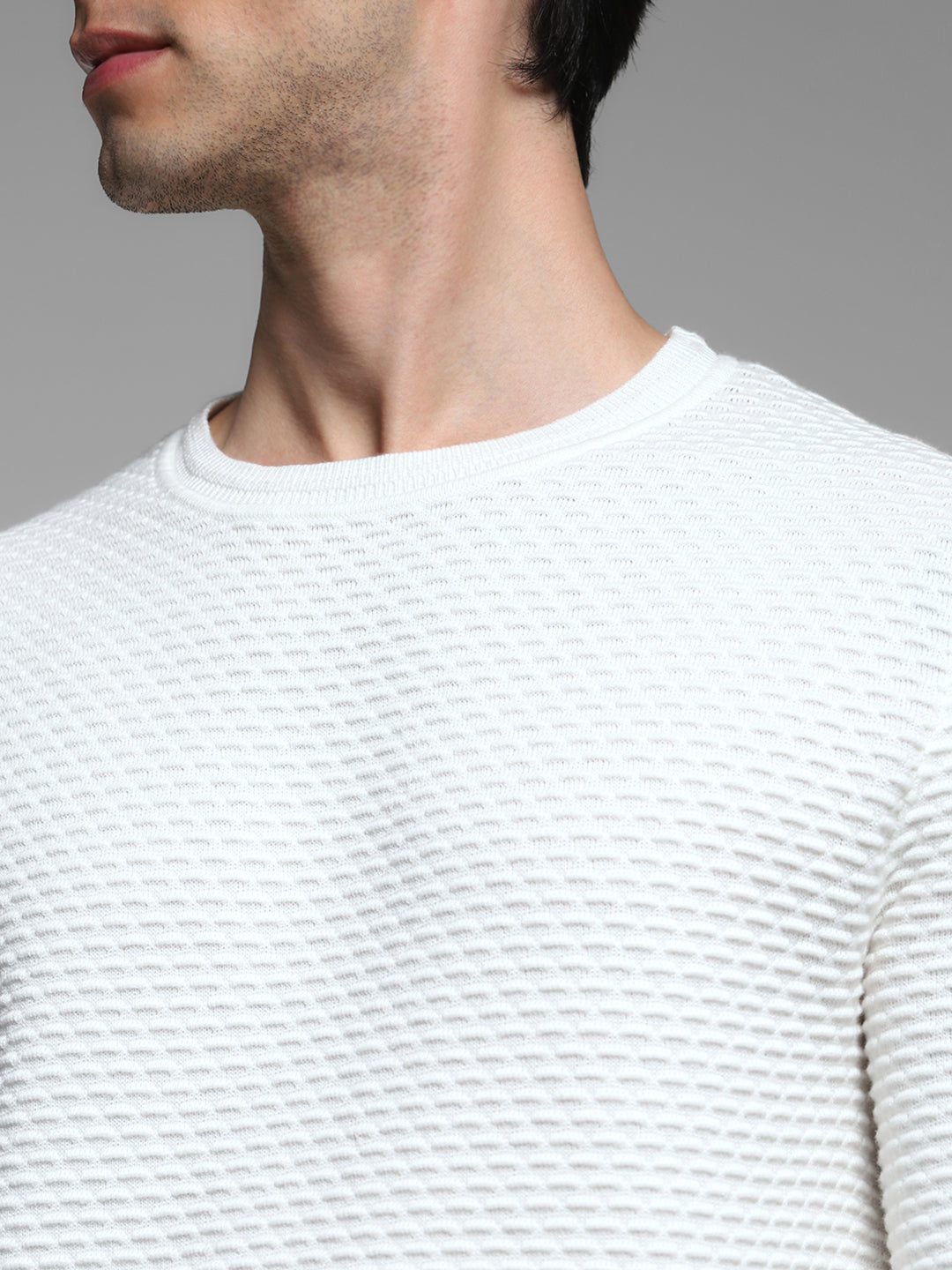 White Textured Crew Neck Pullover