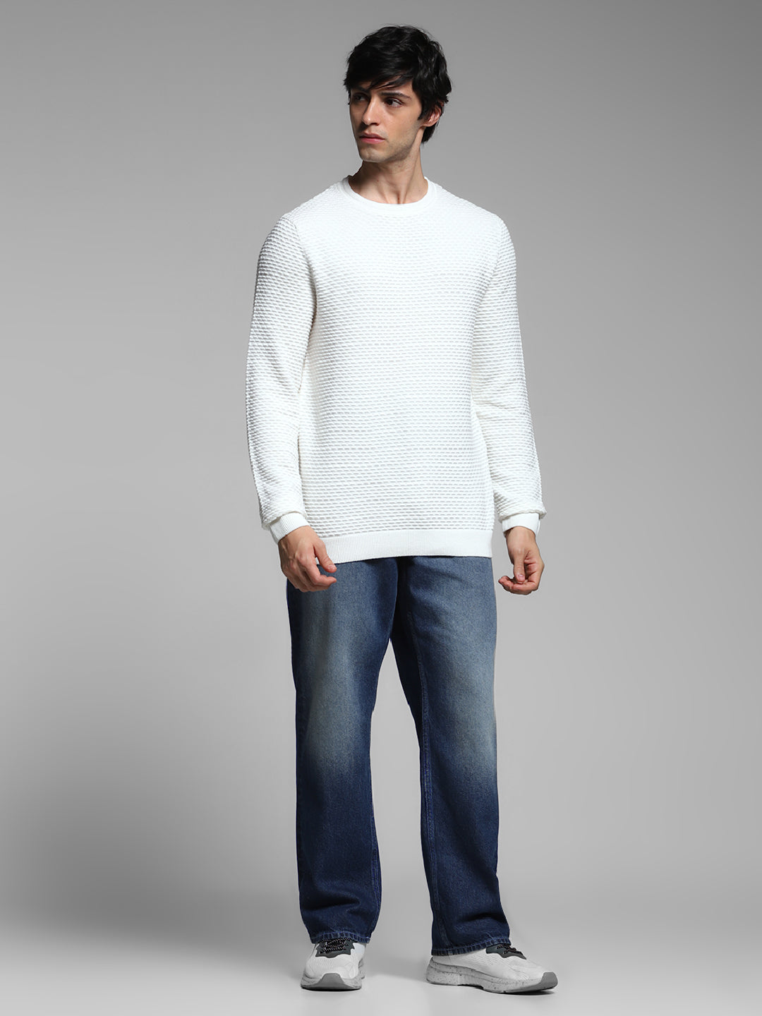 White Textured Crew Neck Pullover
