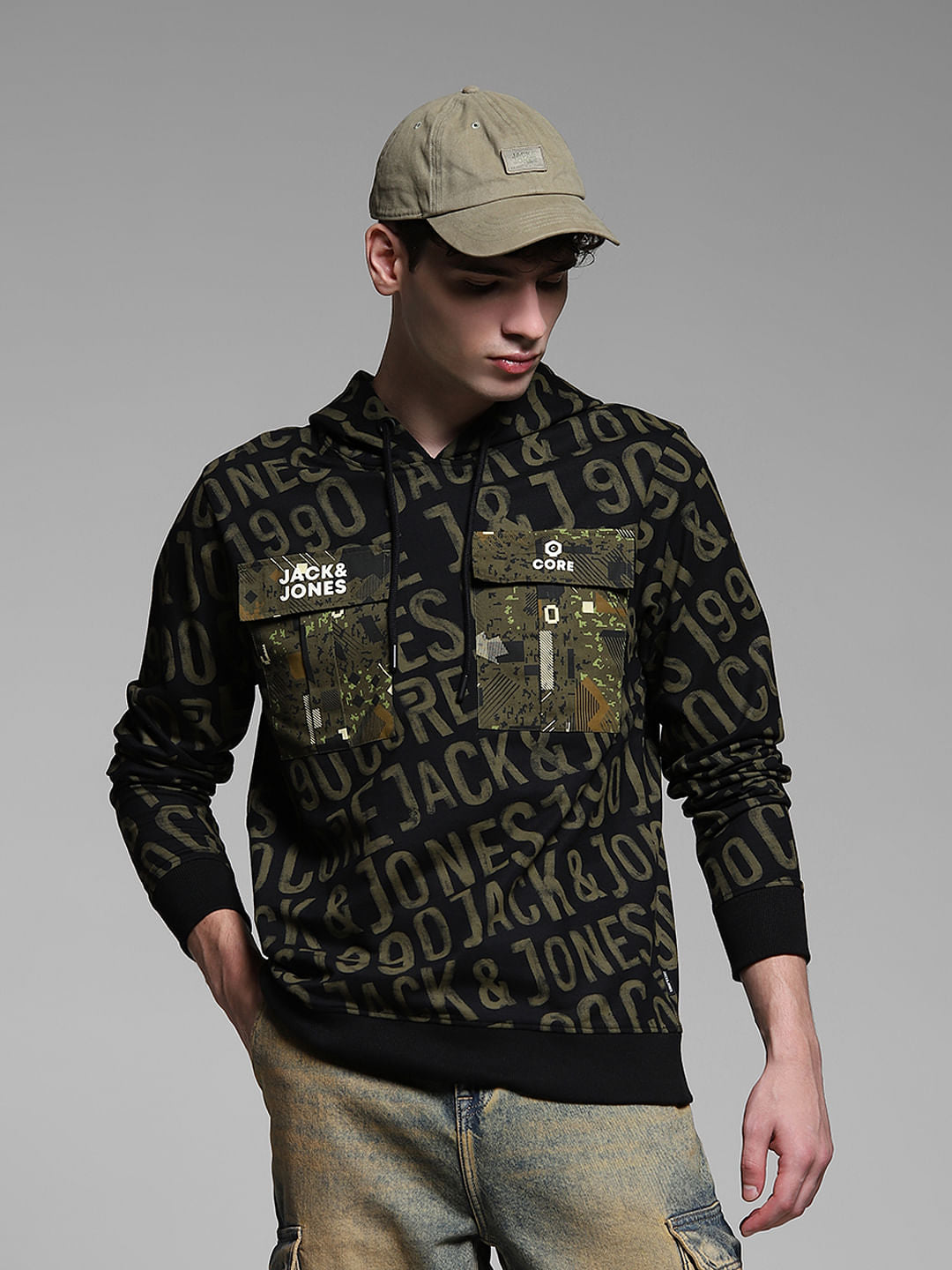 Bronze Green Printed Hooded Sweatshirt