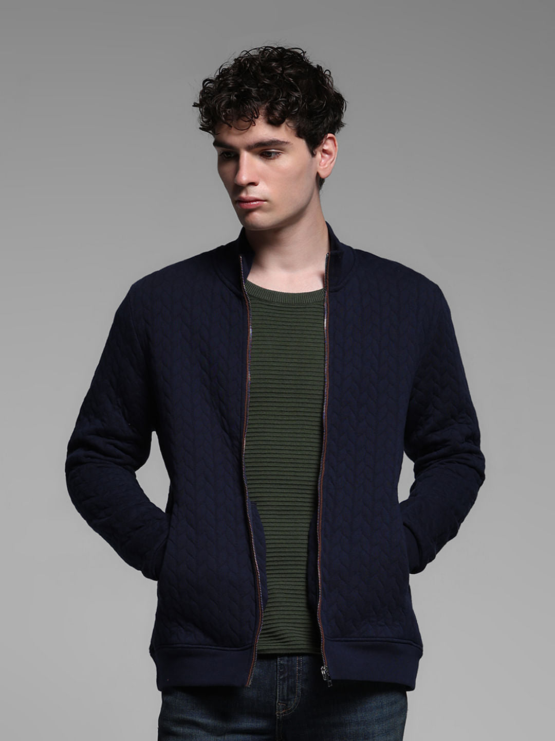 BLUE CASUAL ZIPPER JACKET - S
