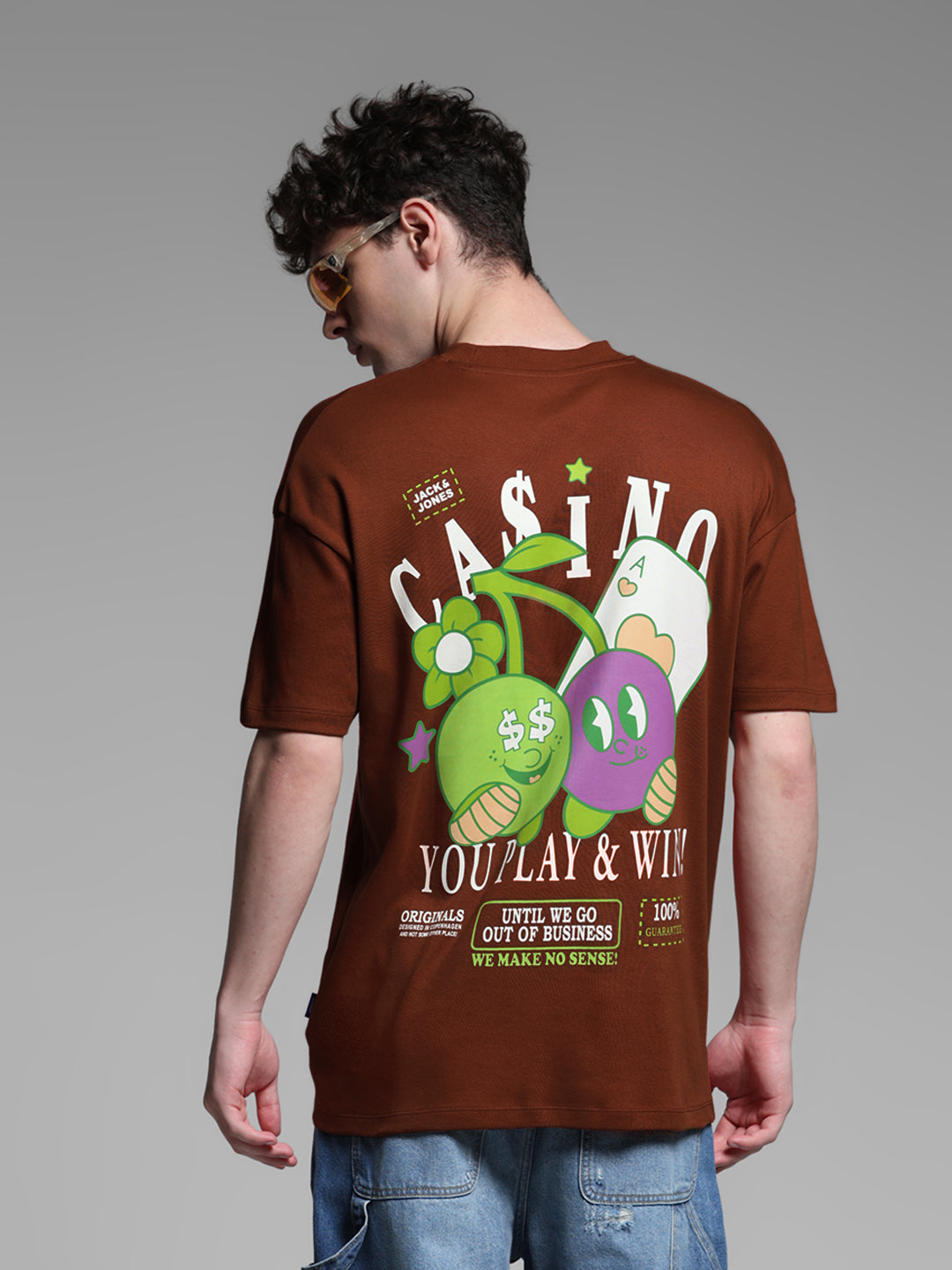 Men's Brown Oversized Cotton Graphic Crew Neck T-Shirt - L