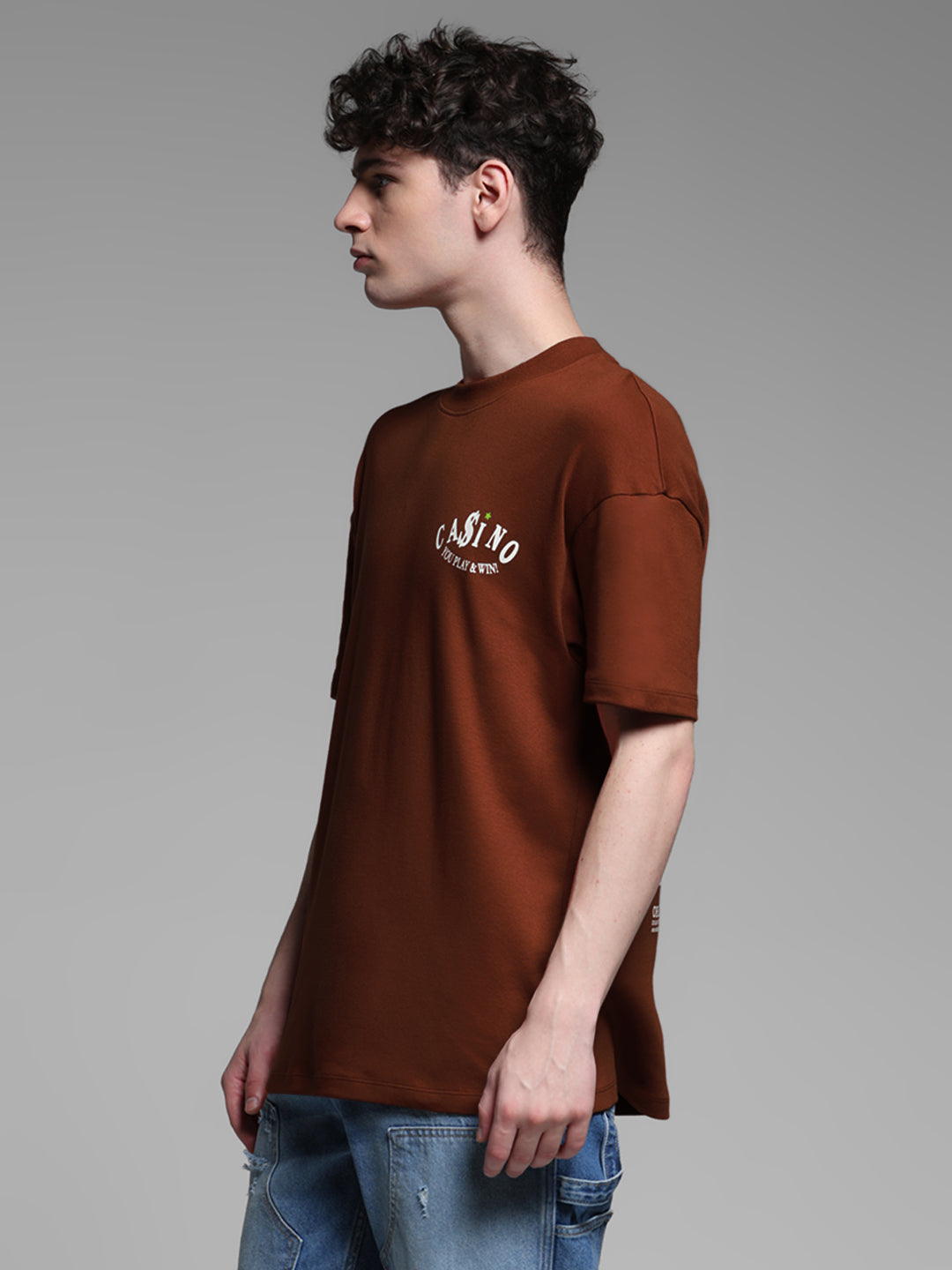 Men's Brown Oversized Cotton Graphic Crew Neck T-Shirt