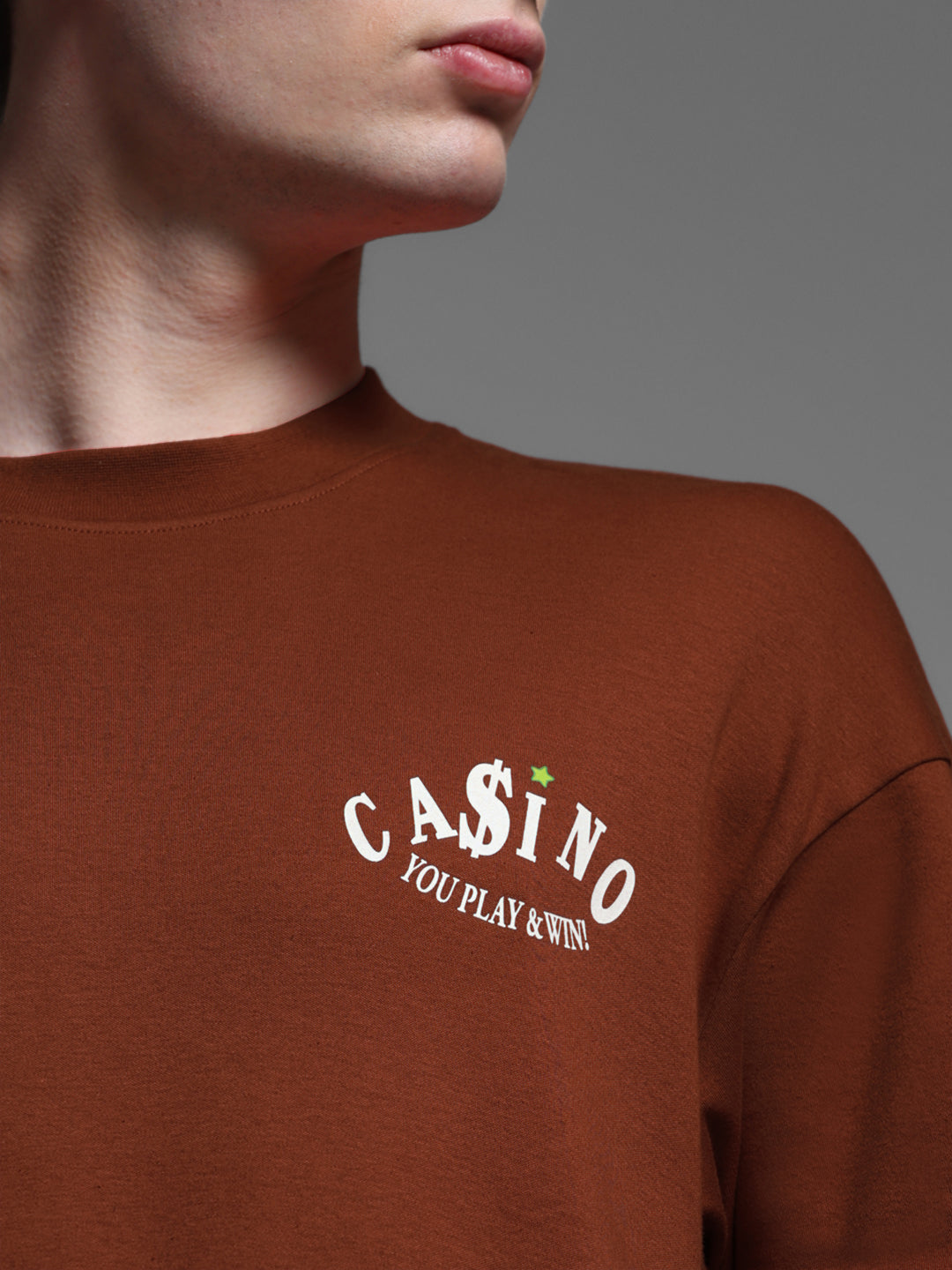 Men's Brown Oversized Cotton Graphic Crew Neck T-Shirt