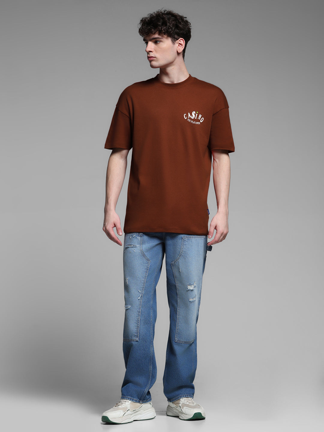 Men's Brown Oversized Cotton Graphic Crew Neck T-Shirt