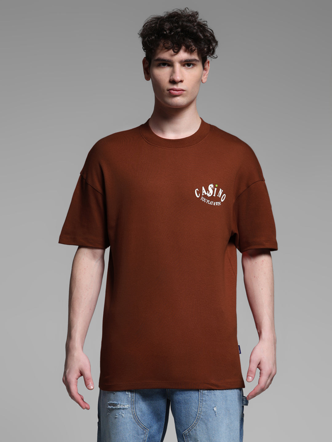 Men's Brown Oversized Cotton Graphic Crew Neck T-Shirt
