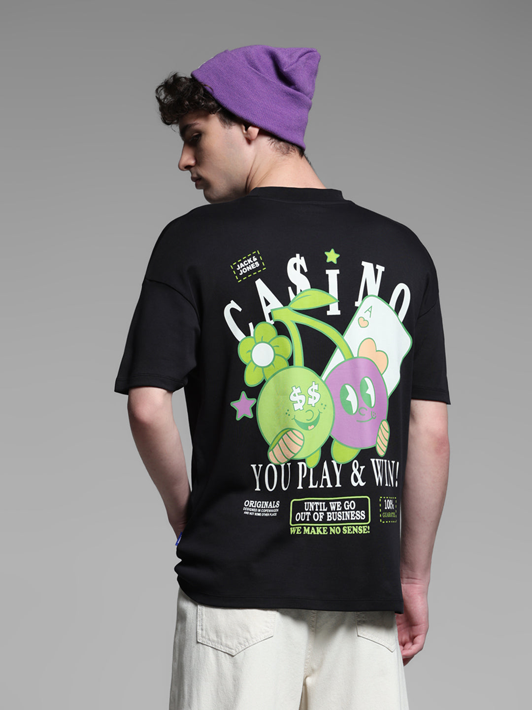Men's Black Oversized Cotton Crew Neck Graphic T-Shirt - M