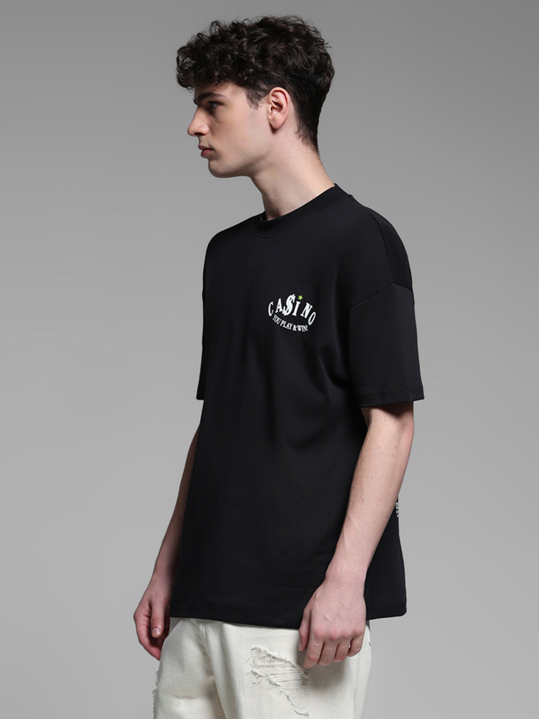 Men's Black Oversized Cotton Crew Neck Graphic T-Shirt