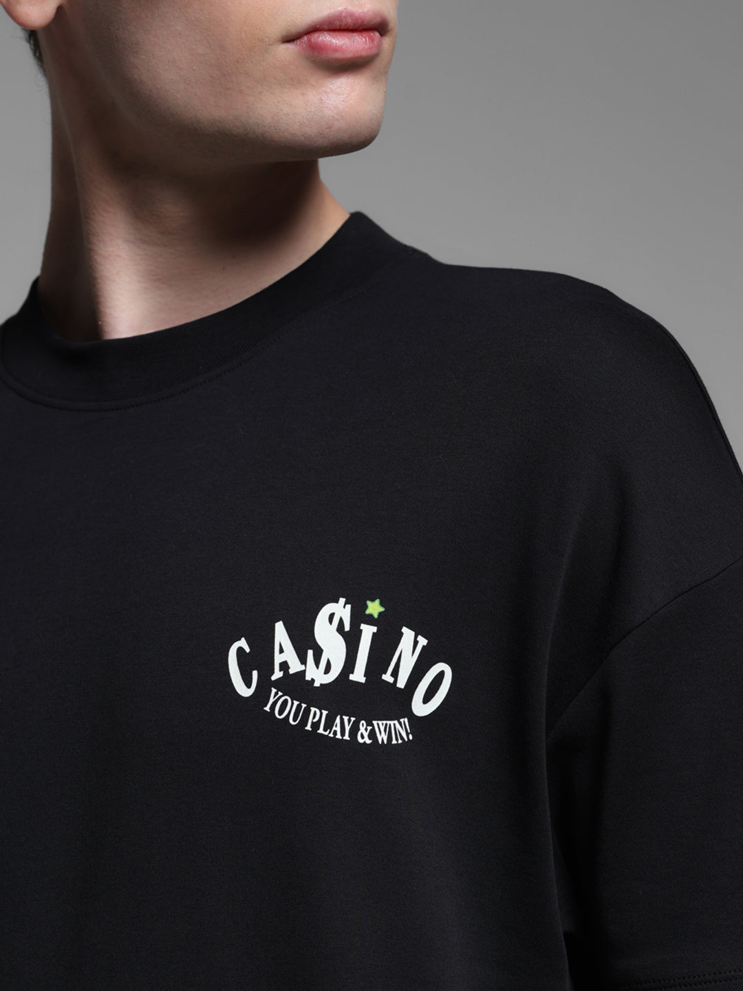 Men's Black Oversized Cotton Crew Neck Graphic T-Shirt
