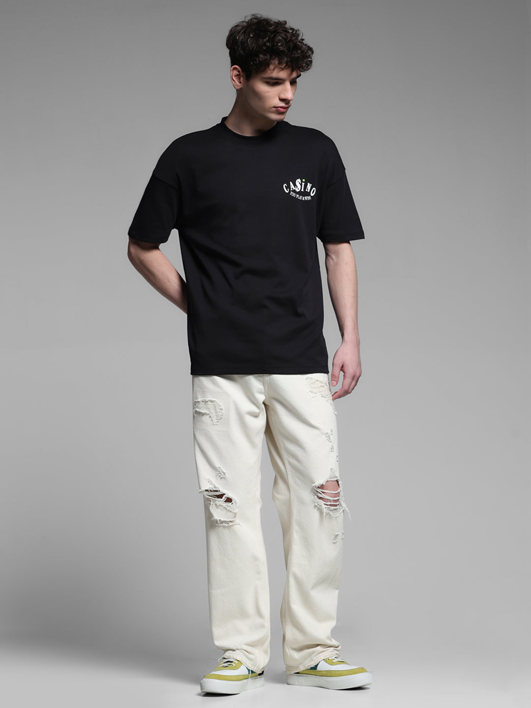 Men's Black Oversized Cotton Crew Neck Graphic T-Shirt