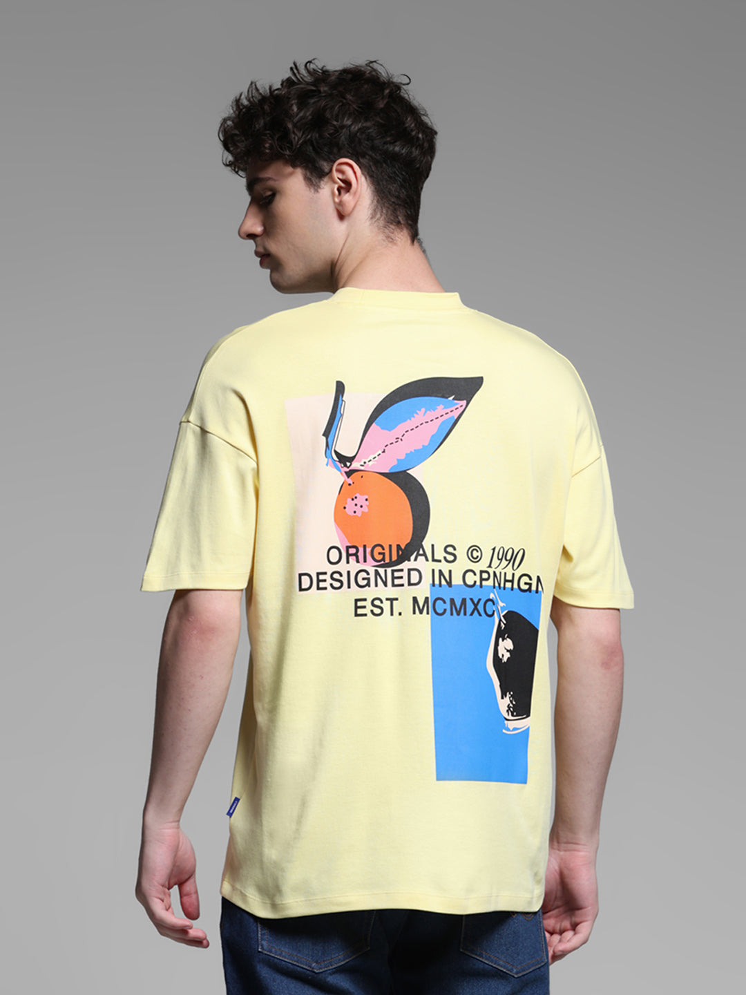 Men's Yellow Cotton Oversized Graphic Crew Neck T-Shirt - M