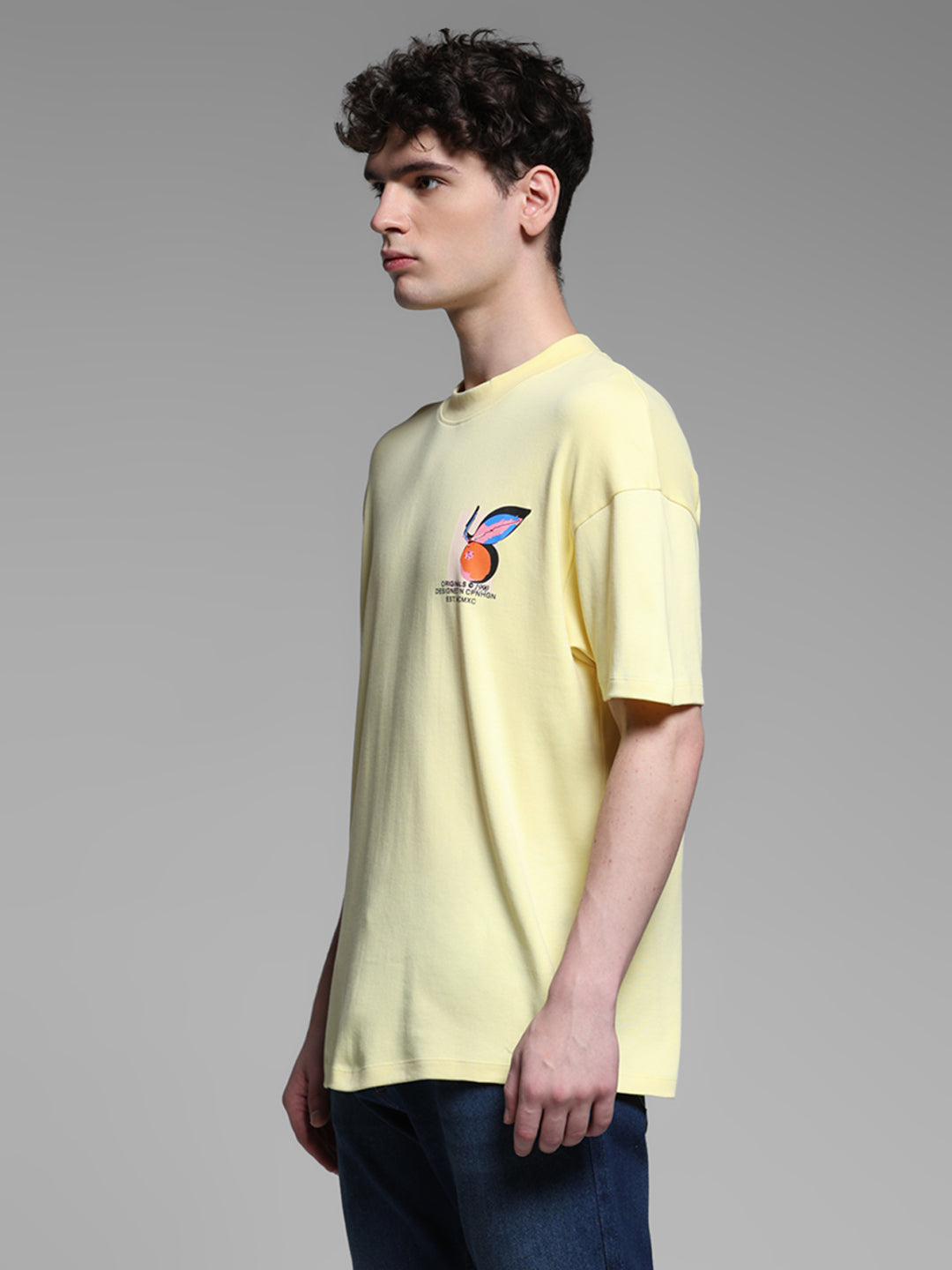 Men's Yellow Cotton Oversized Graphic Crew Neck T-Shirt
