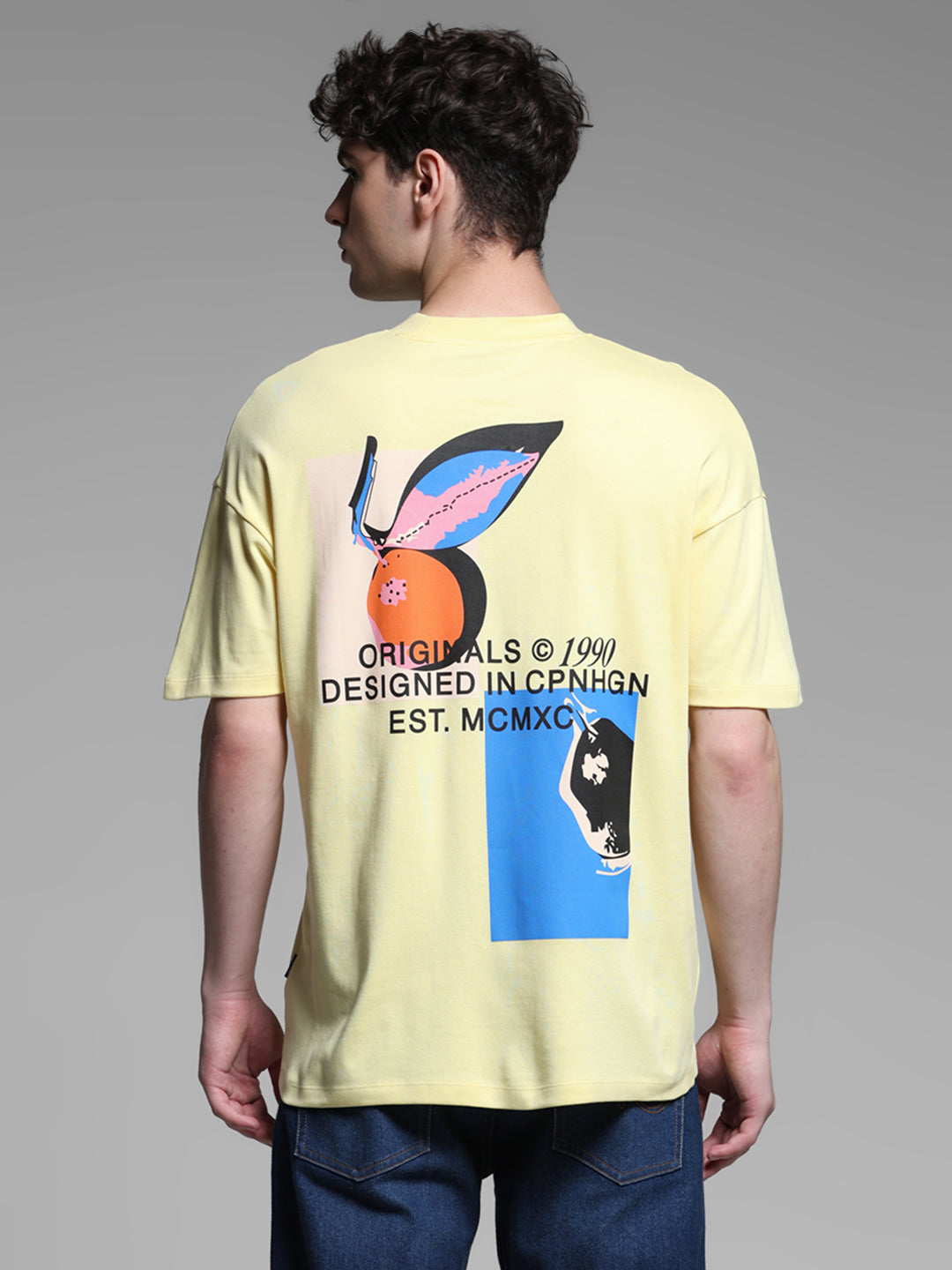 Men's Yellow Cotton Oversized Graphic Crew Neck T-Shirt