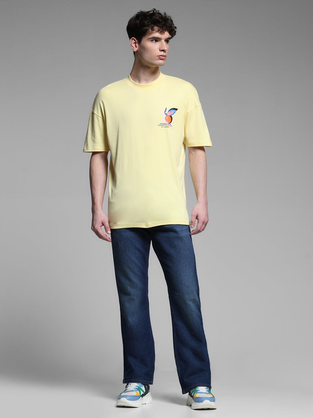 Men's Yellow Cotton Oversized Graphic Crew Neck T-Shirt