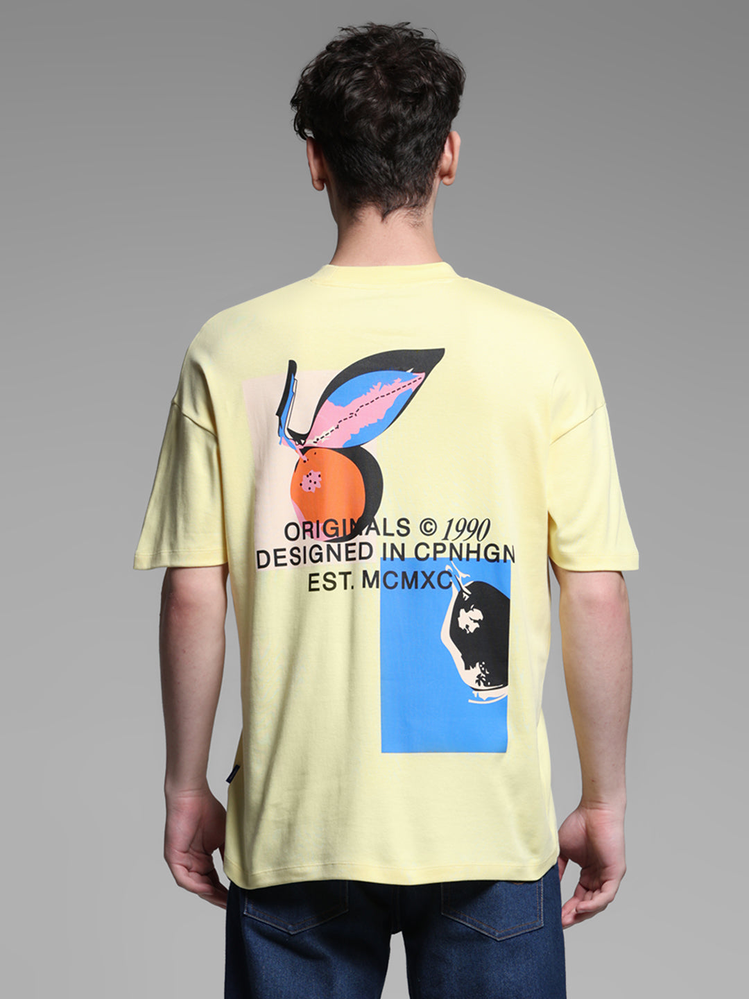 Men's Yellow Cotton Oversized Graphic Crew Neck T-Shirt