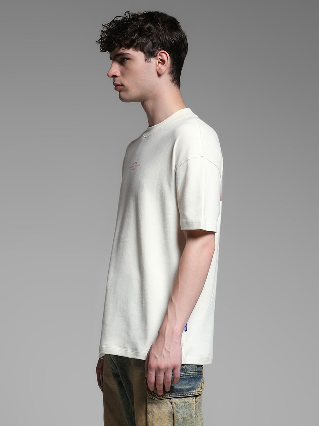 Beige Cotton Printed Oversized T-shirt