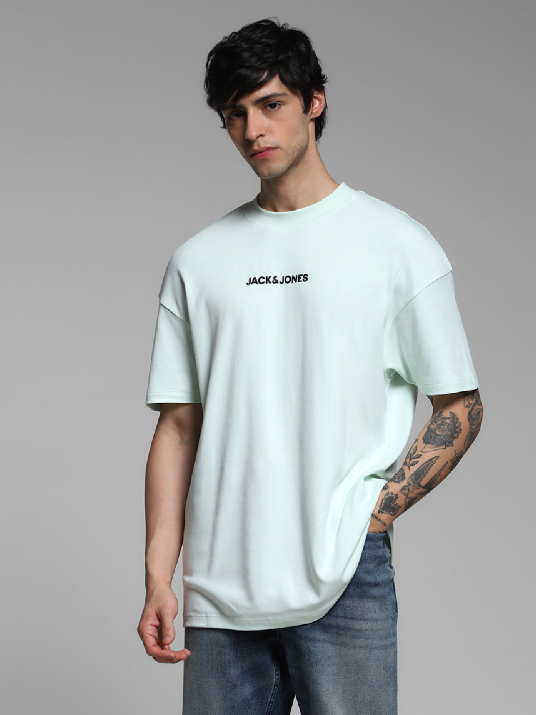 Men's Oversized Cotton Crew Neck Graphic T-Shirt - Clearly Aqua