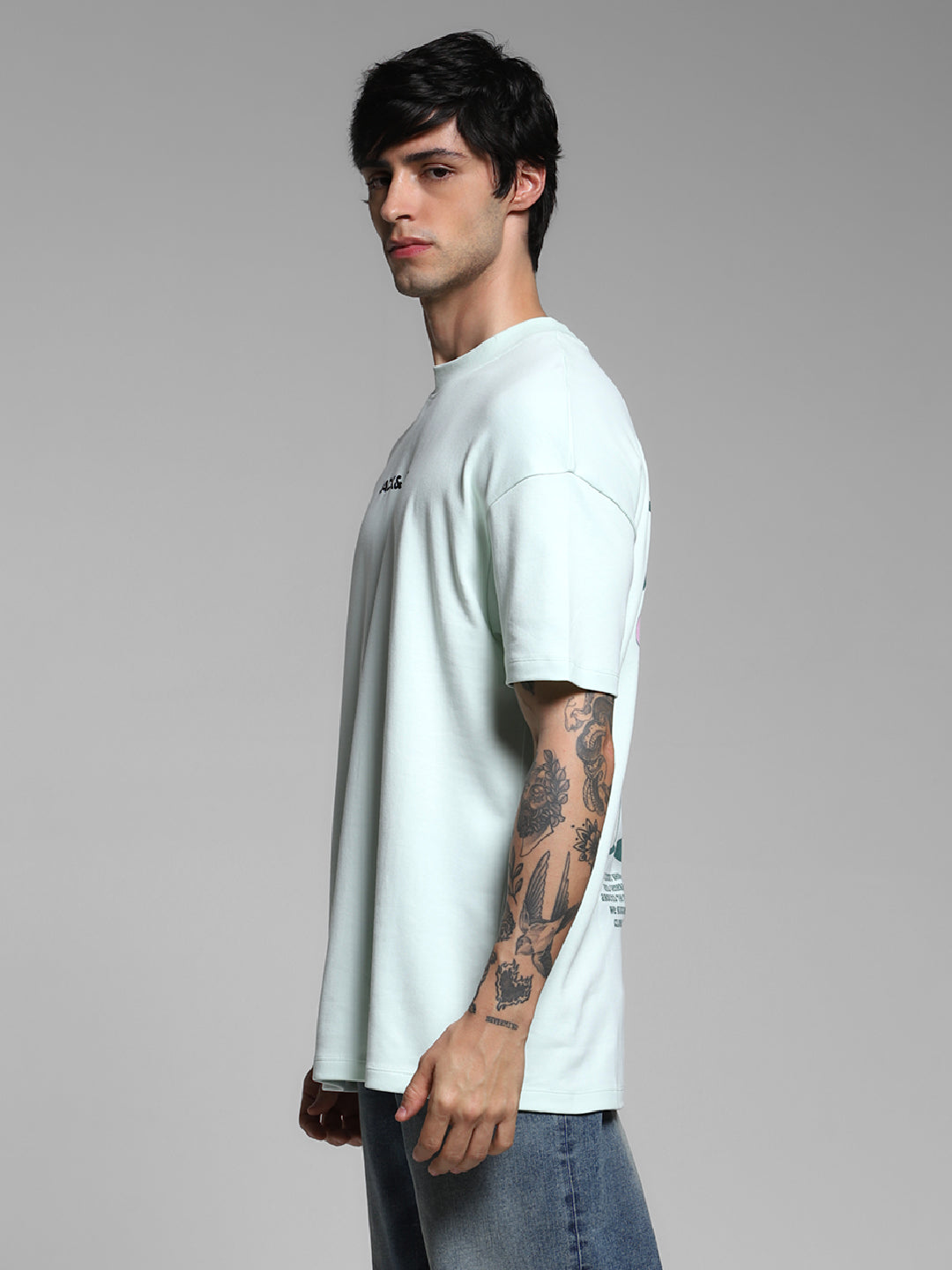 Men's Oversized Cotton Crew Neck Graphic T-Shirt - Clearly Aqua