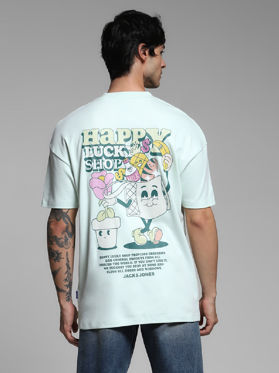 Men's Oversized Cotton Crew Neck Graphic T-Shirt - Clearly Aqua