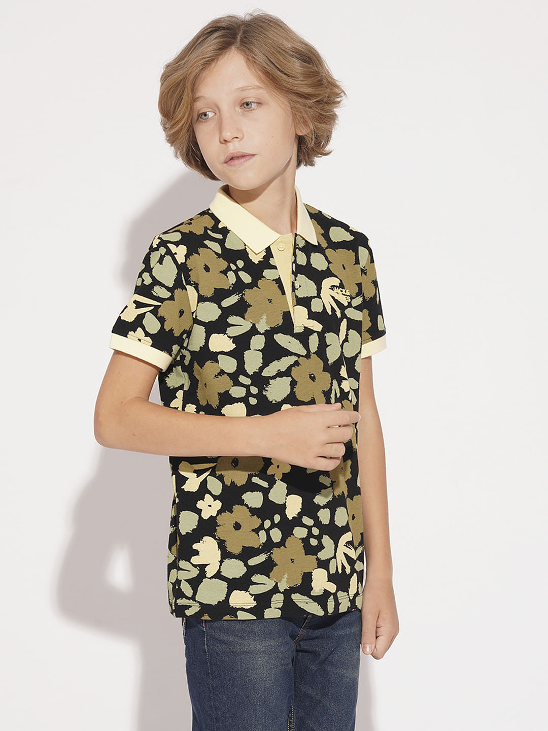 Boys Yellow Floral Cotton Polo