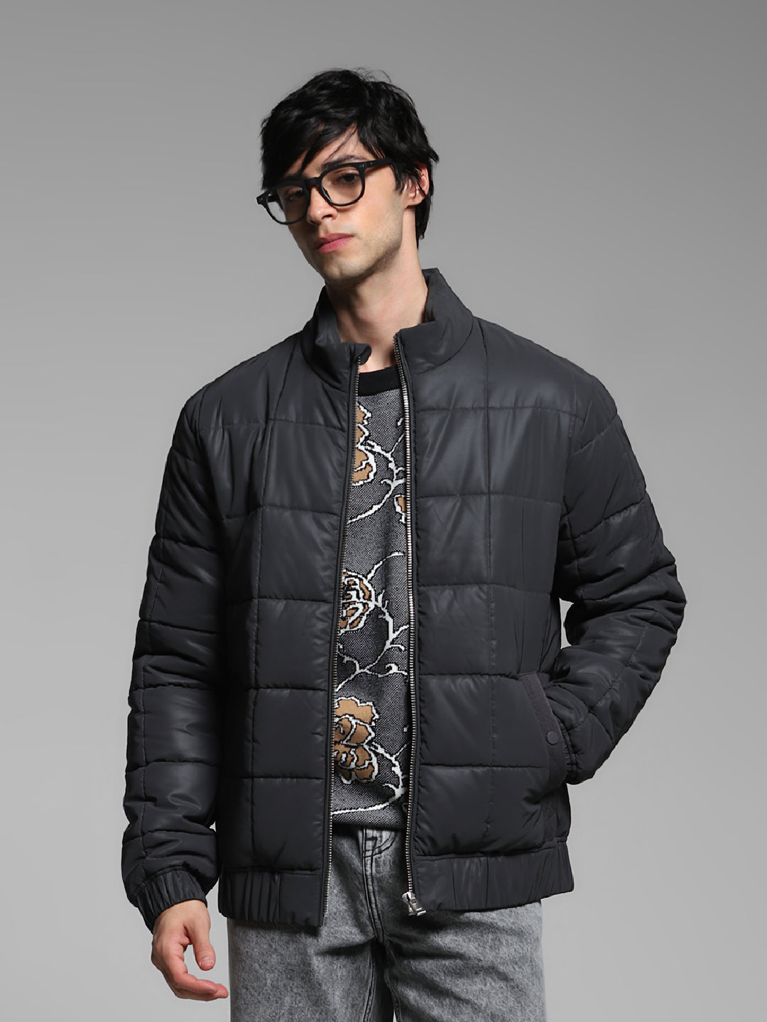 Men's Black Quilted Puffer Jacket With High Neck - S