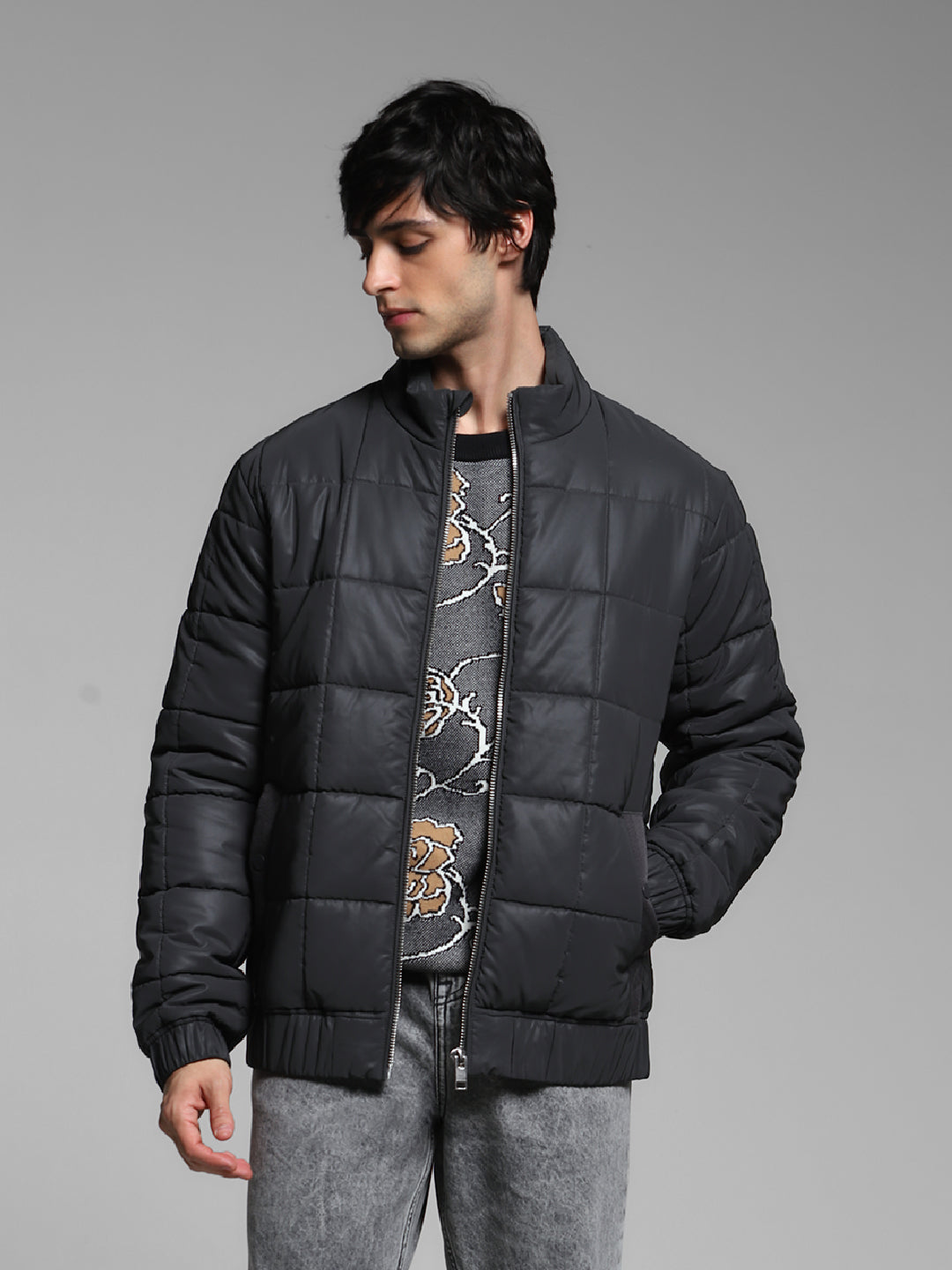 Men's Black Quilted Puffer Jacket With High Neck