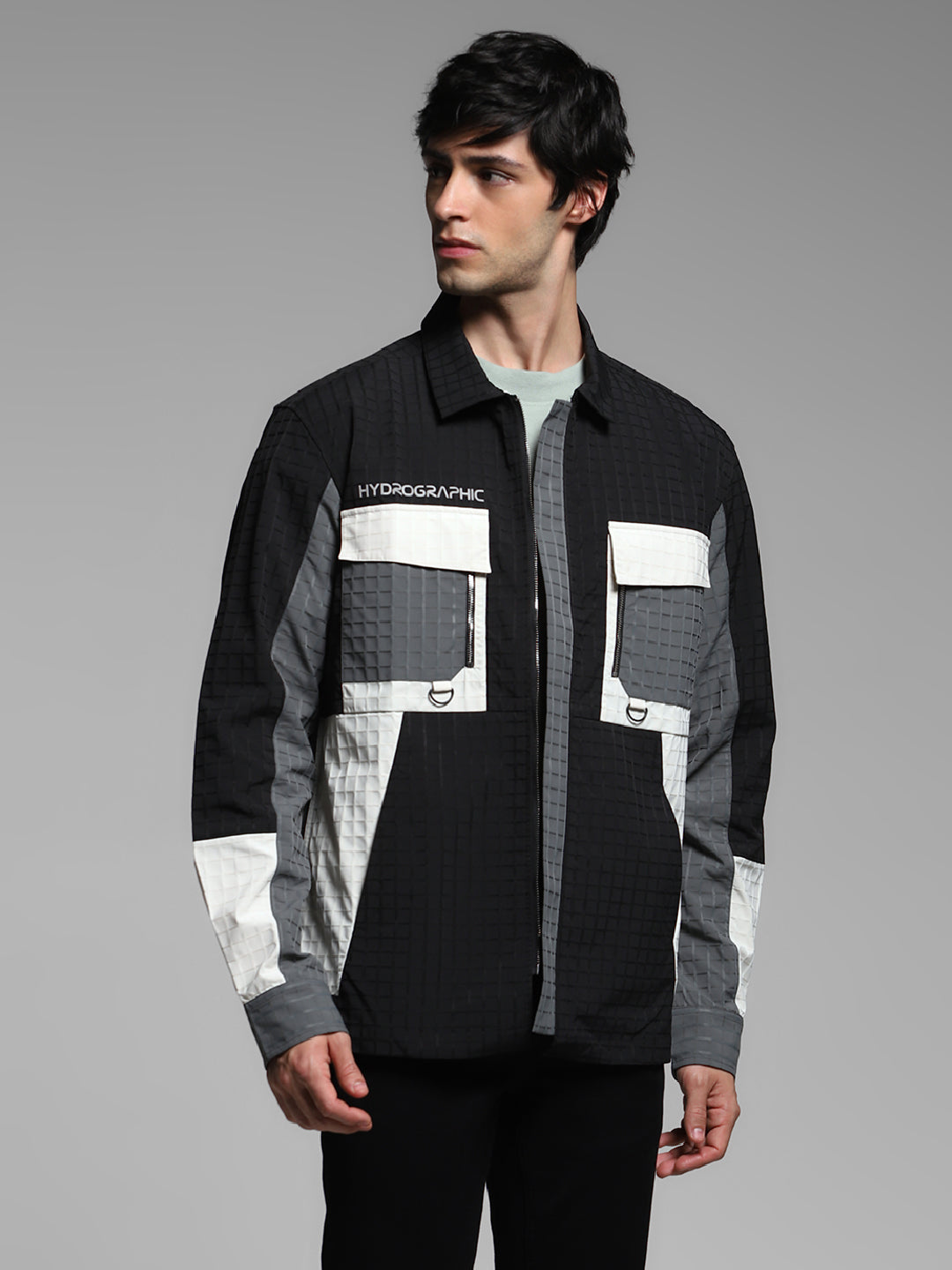 Men's Polyester Colourblocked Utility Jacket With Zip Front
