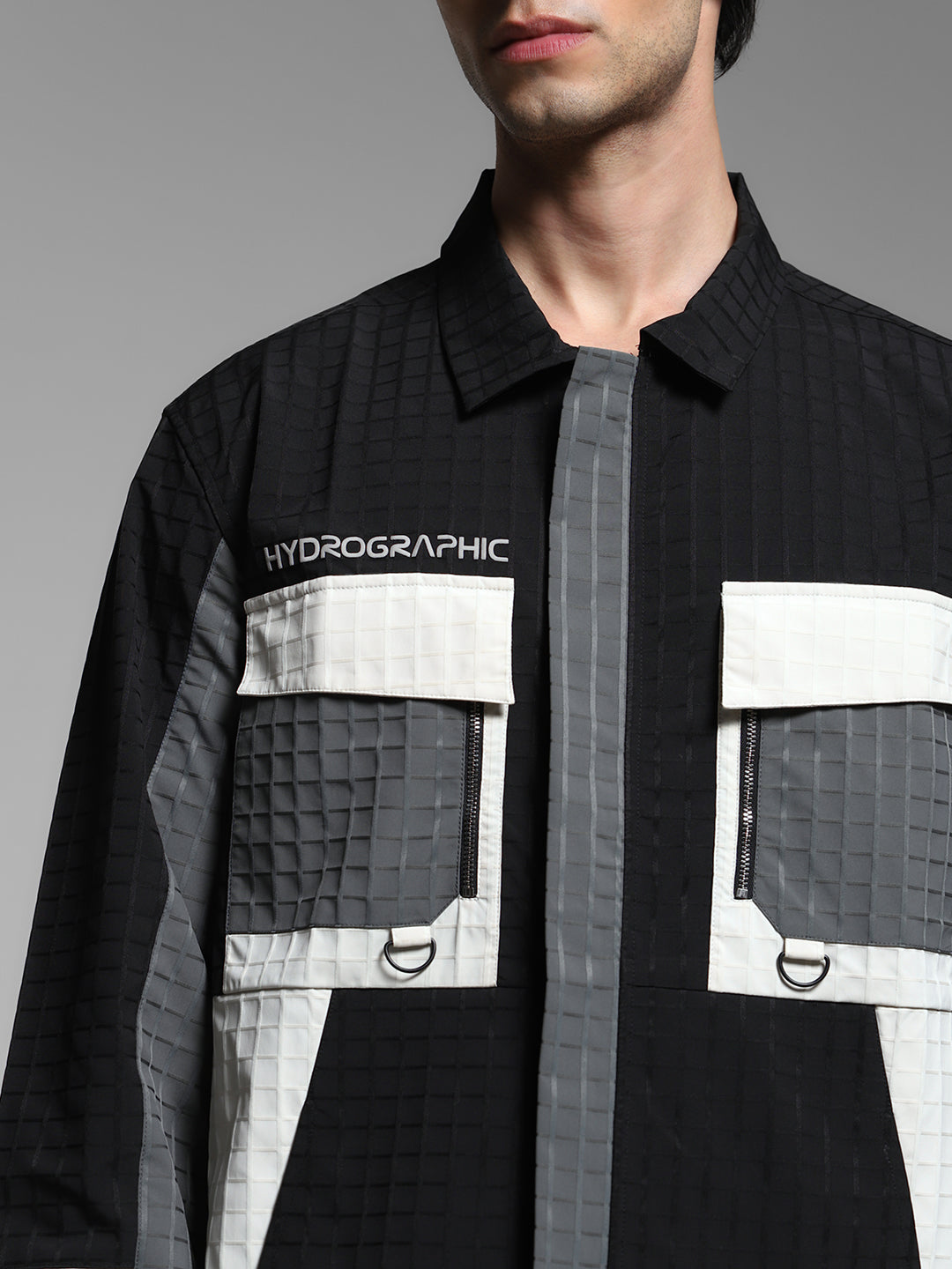 Men's Polyester Colourblocked Utility Jacket With Zip Front