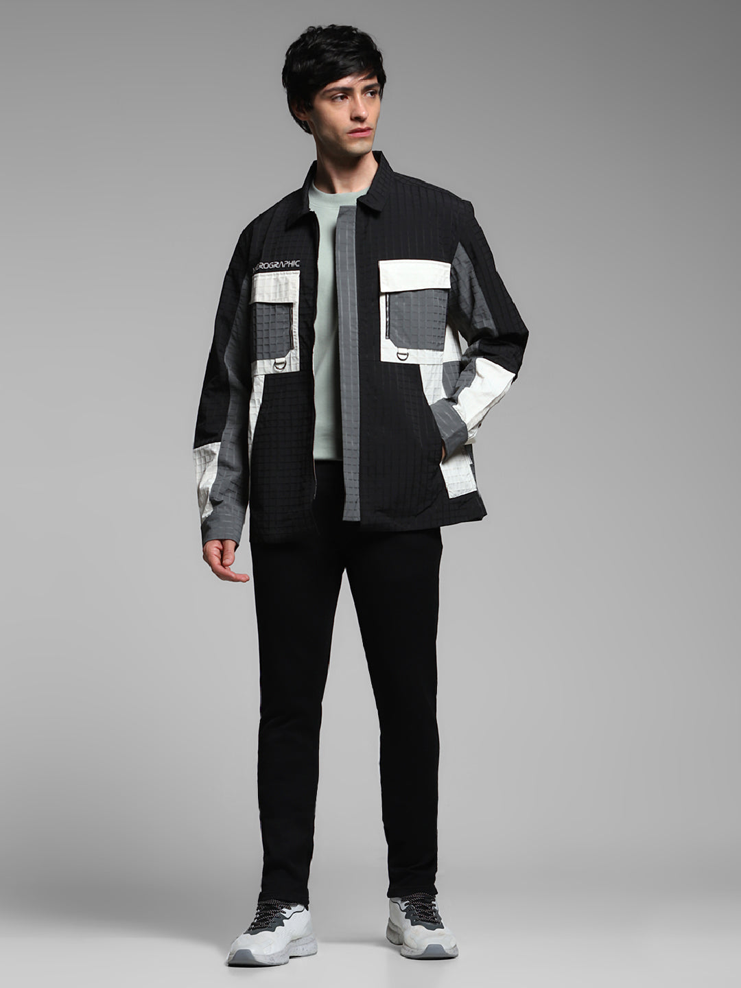 Men's Polyester Colourblocked Utility Jacket With Zip Front