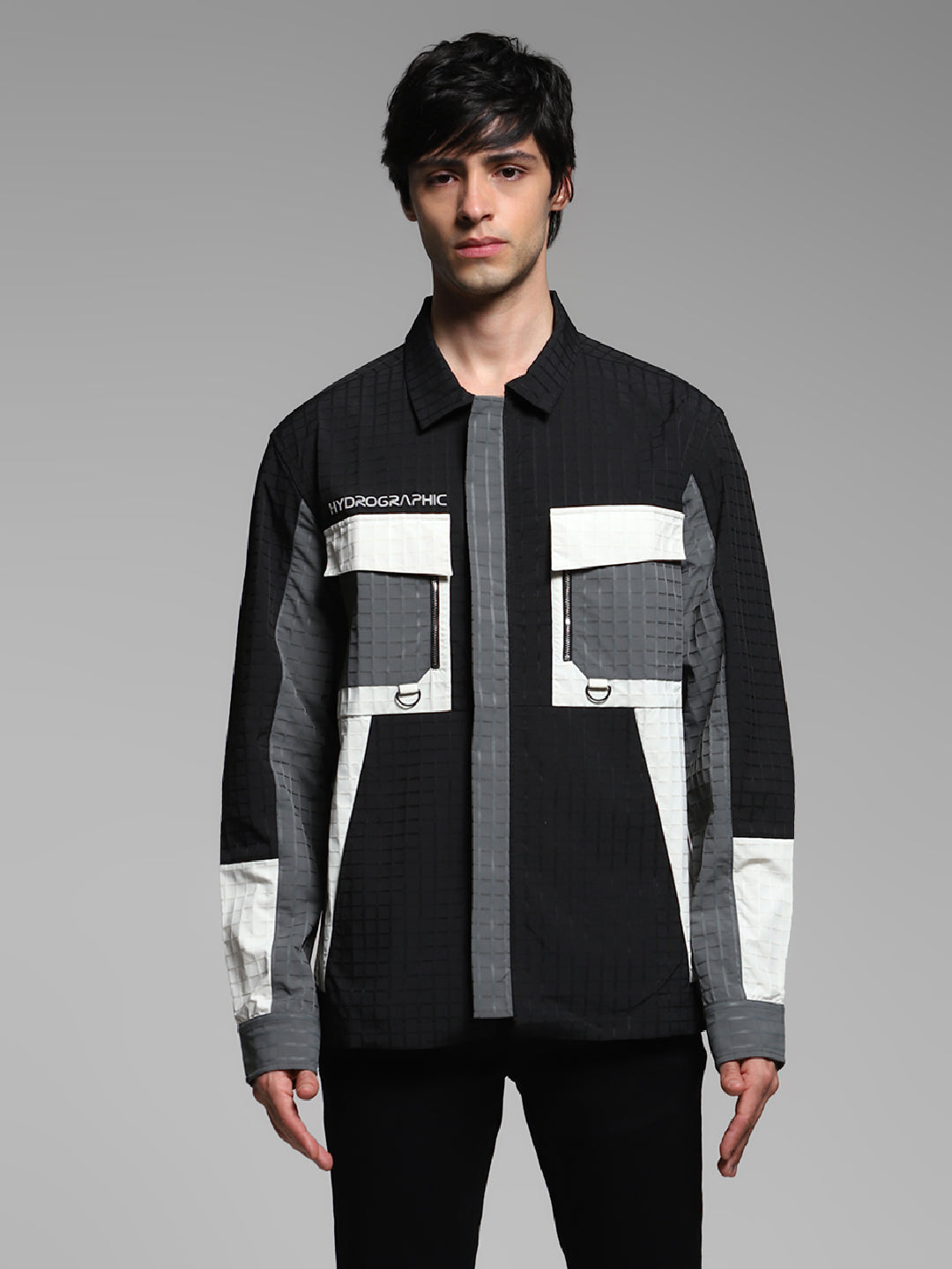 Men's Polyester Colourblocked Utility Jacket With Zip Front