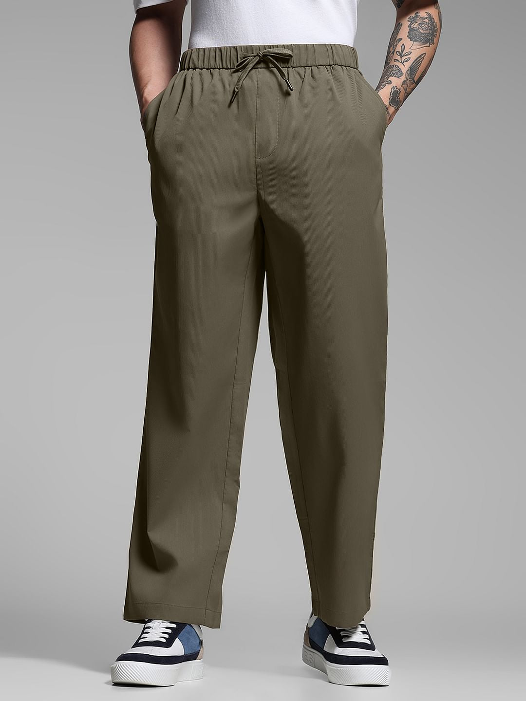 Warm Brown Ribbed Loose Fit Pants