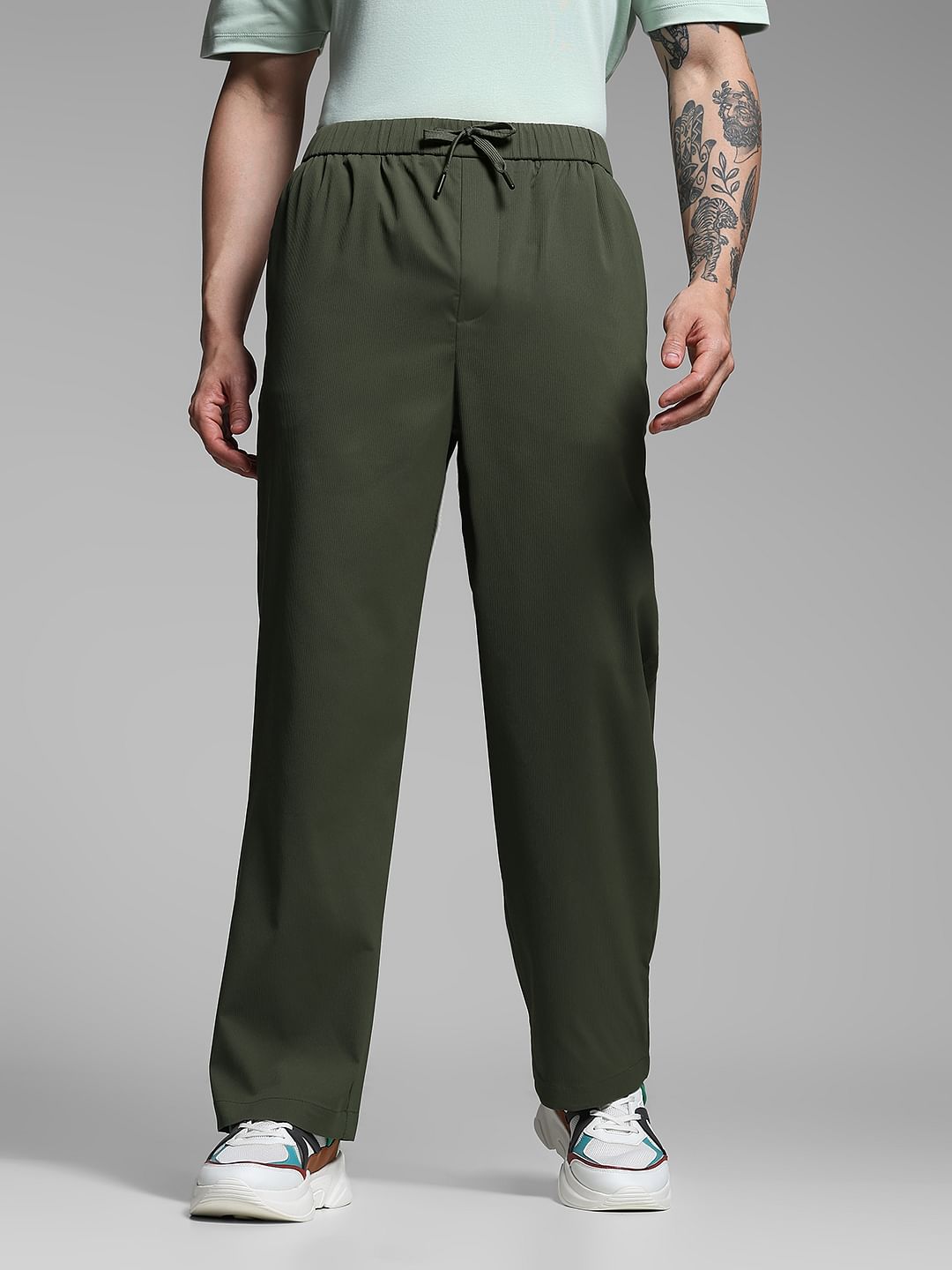 Dark Green Ribbed Loose Fit Pants