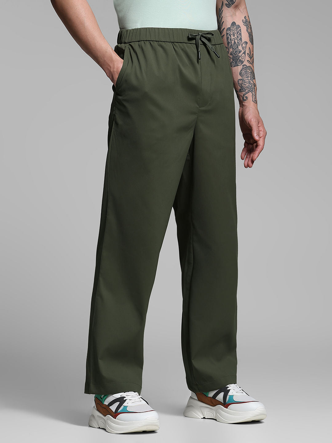 Dark Green Ribbed Loose Fit Pants