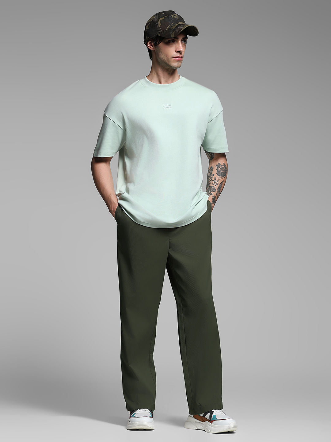 Dark Green Ribbed Loose Fit Pants