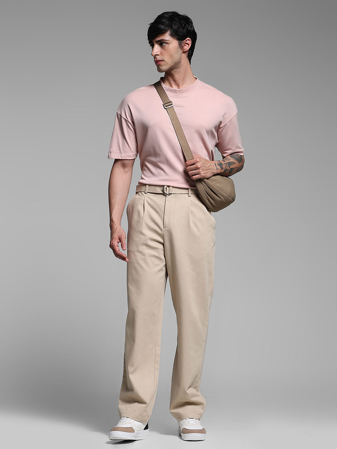 Beige Rayon Loose Fit Pants