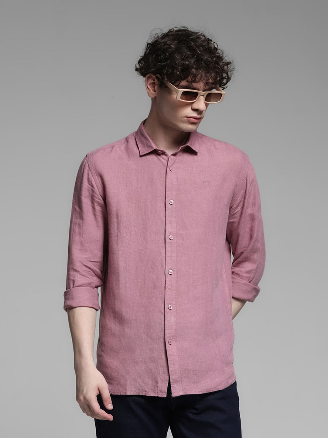 Linen Full Sleeves Shirt - Pink - L
