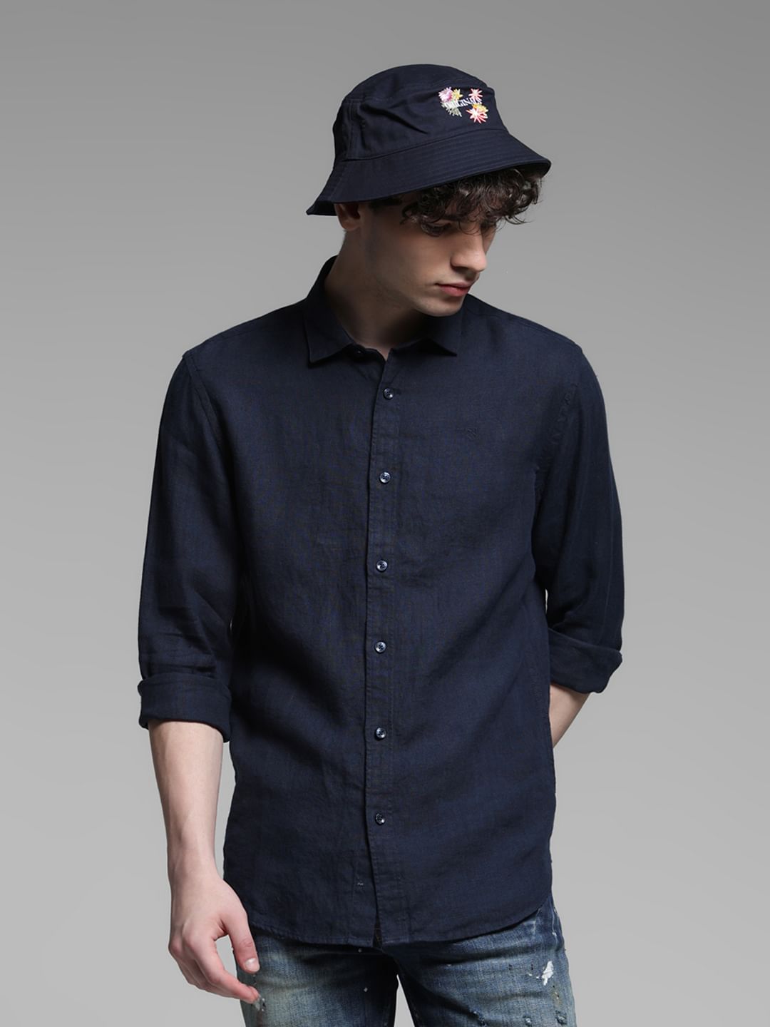 Linen Full Sleeves Shirt - Navy Blue - L