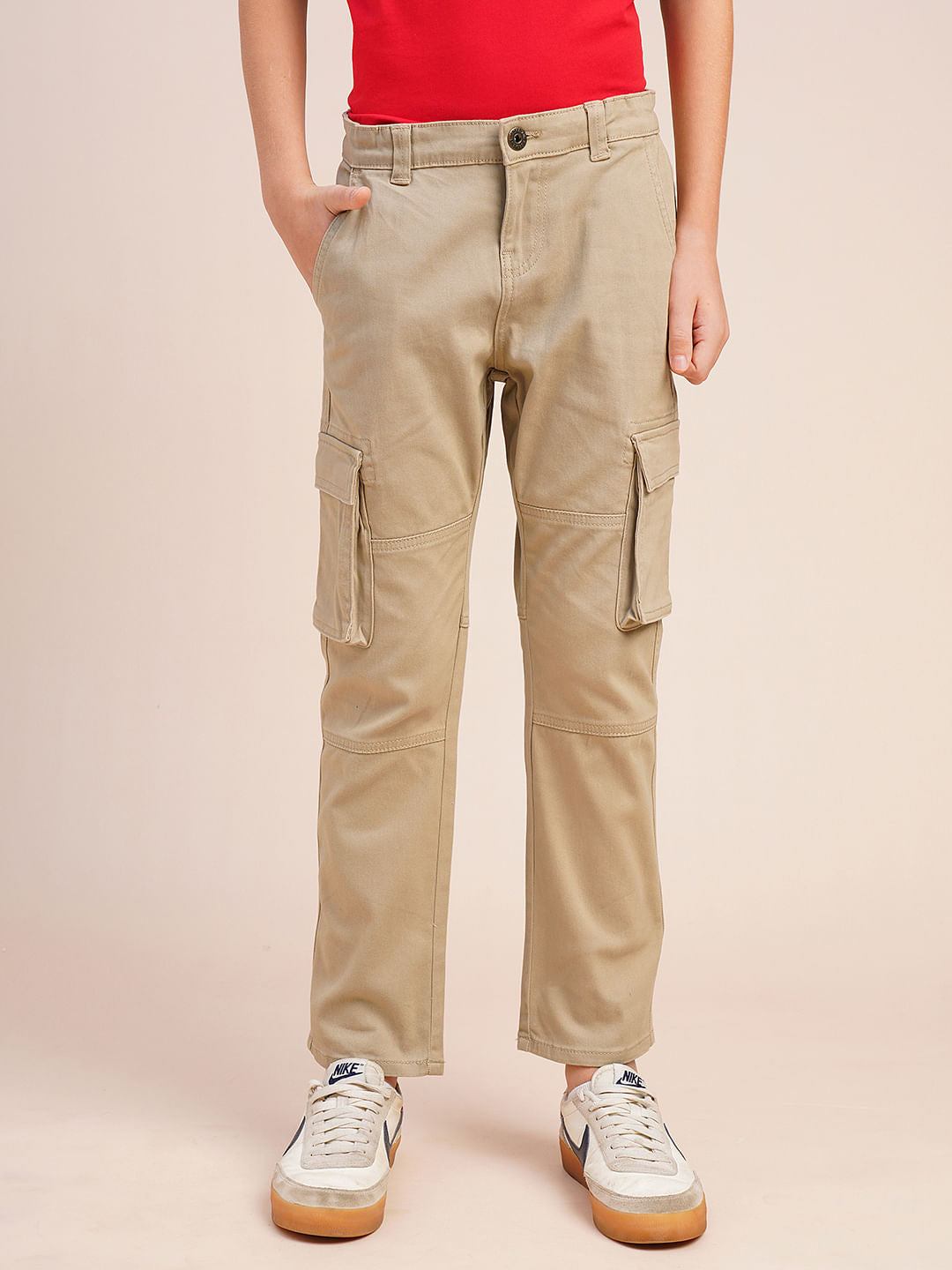 Boys Khaki Mid Rise Cargo Pants