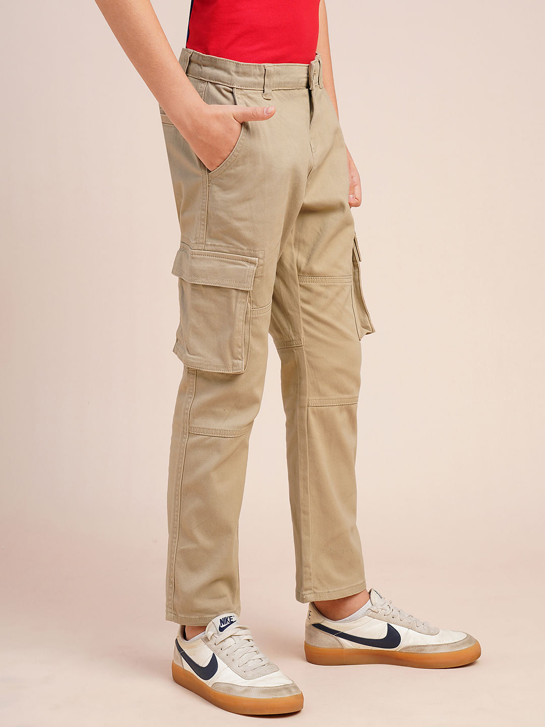 Boys Khaki Mid Rise Cargo Pants