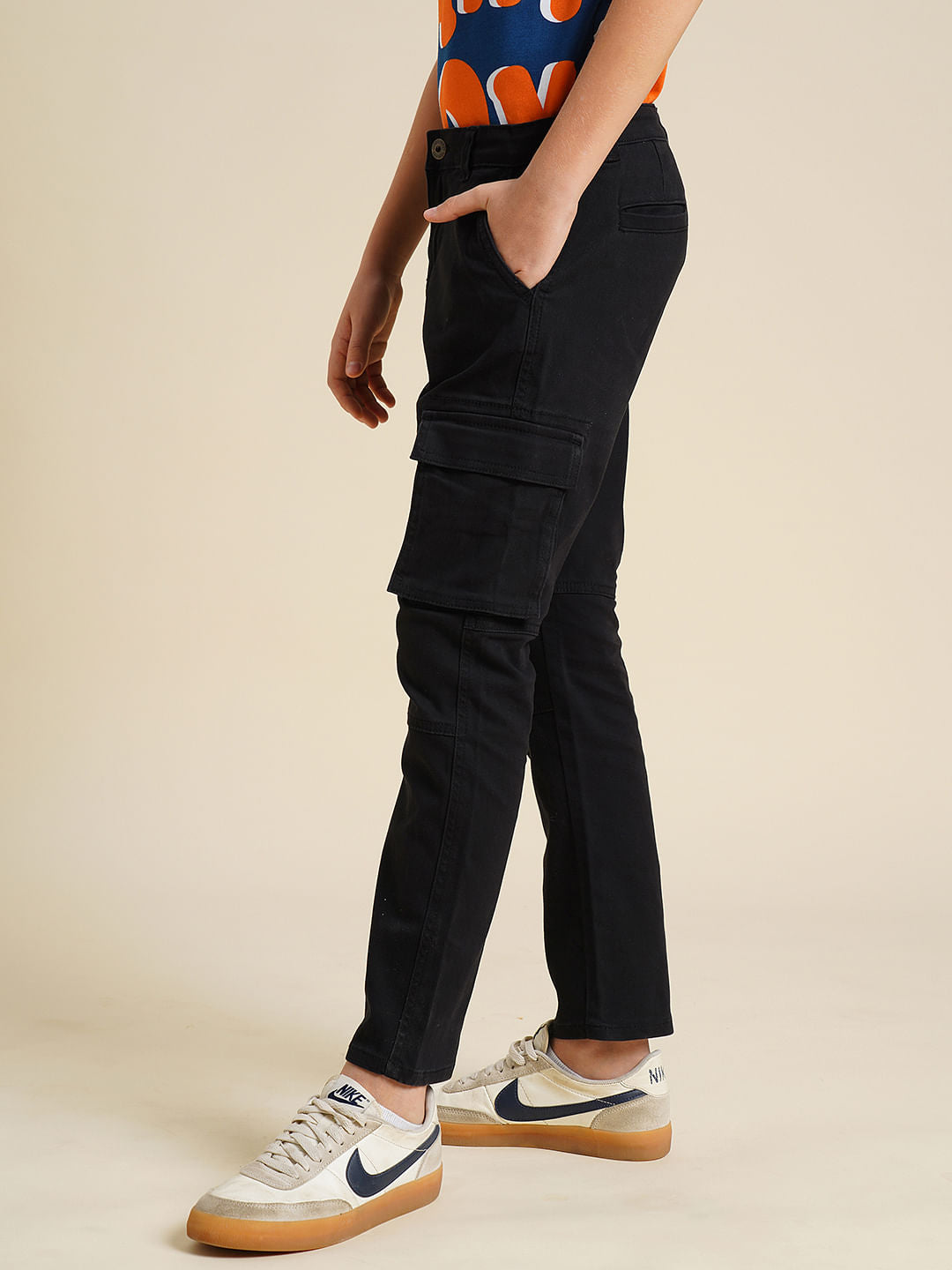 Boys Black Mid Rise Cargo Pants