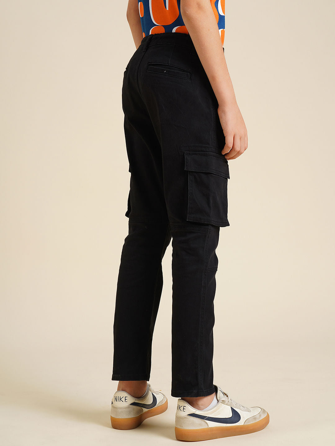 Boys Black Mid Rise Cargo Pants