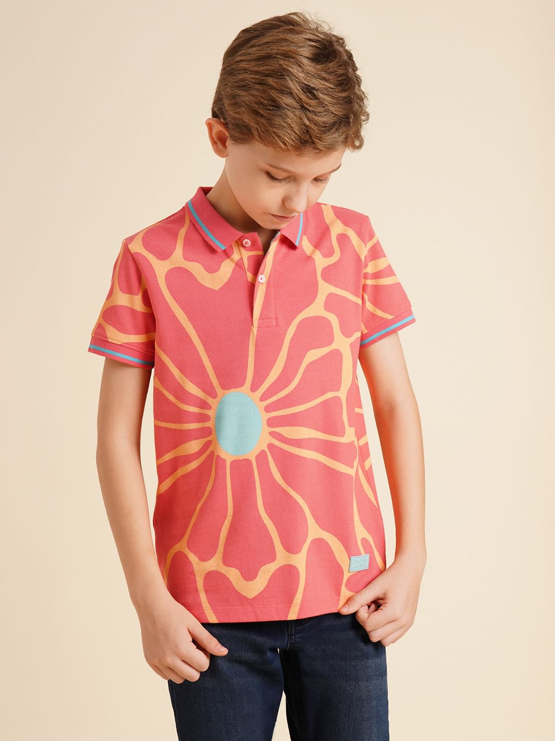 Boys Pink Printed Cotton Polo