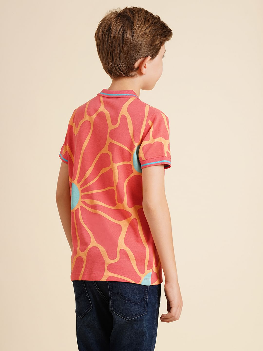 Boys Pink Printed Cotton Polo